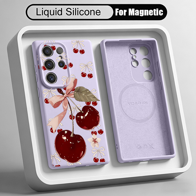 Liquid Silicone Magnetic Phone Case - 체리 패턴 리퀴드 실리콘 폰 케이스