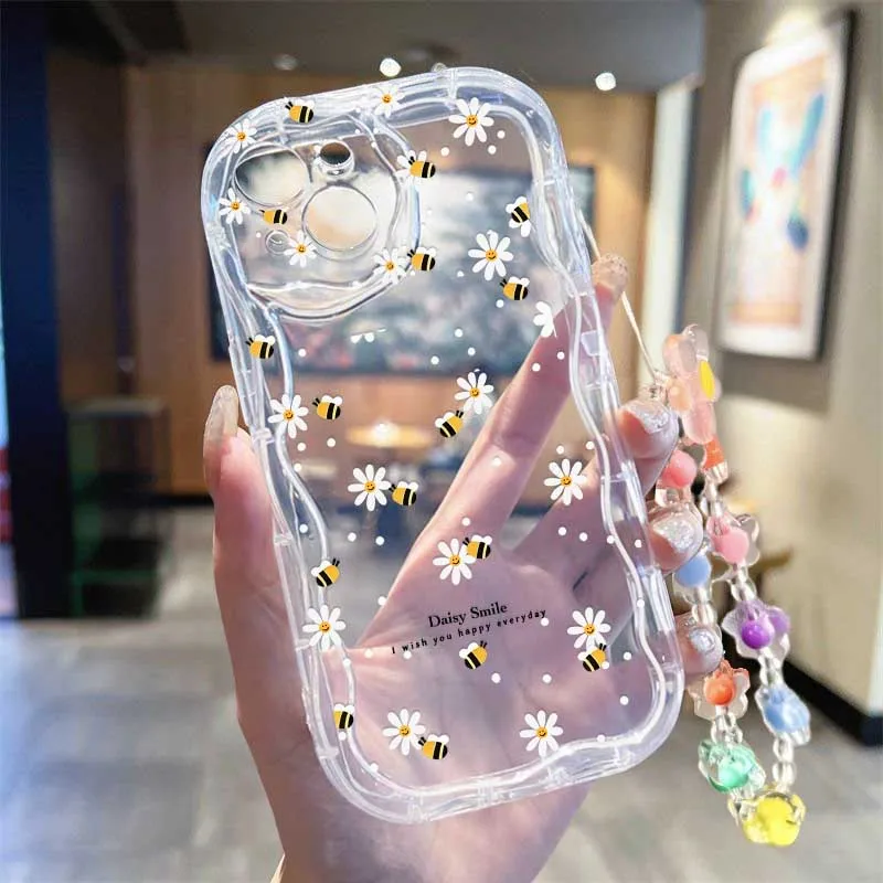 귀여운 미소 모양의 꿀벌과 꽃이 그려진 손목 스트랩 케 - Cute Cartoon Wrist Strap Silicone Case 리뷰 및 가격