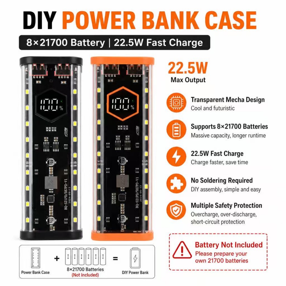8개의 21700 배터리용 케이스, 22.5W 고속 충 - Power Banks 리뷰 및 가격